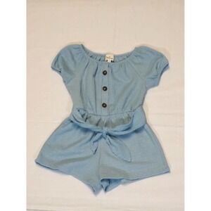 Kids Blue Textured Off Shoulder Romper Belted Short Sleeve Elastic Waist
